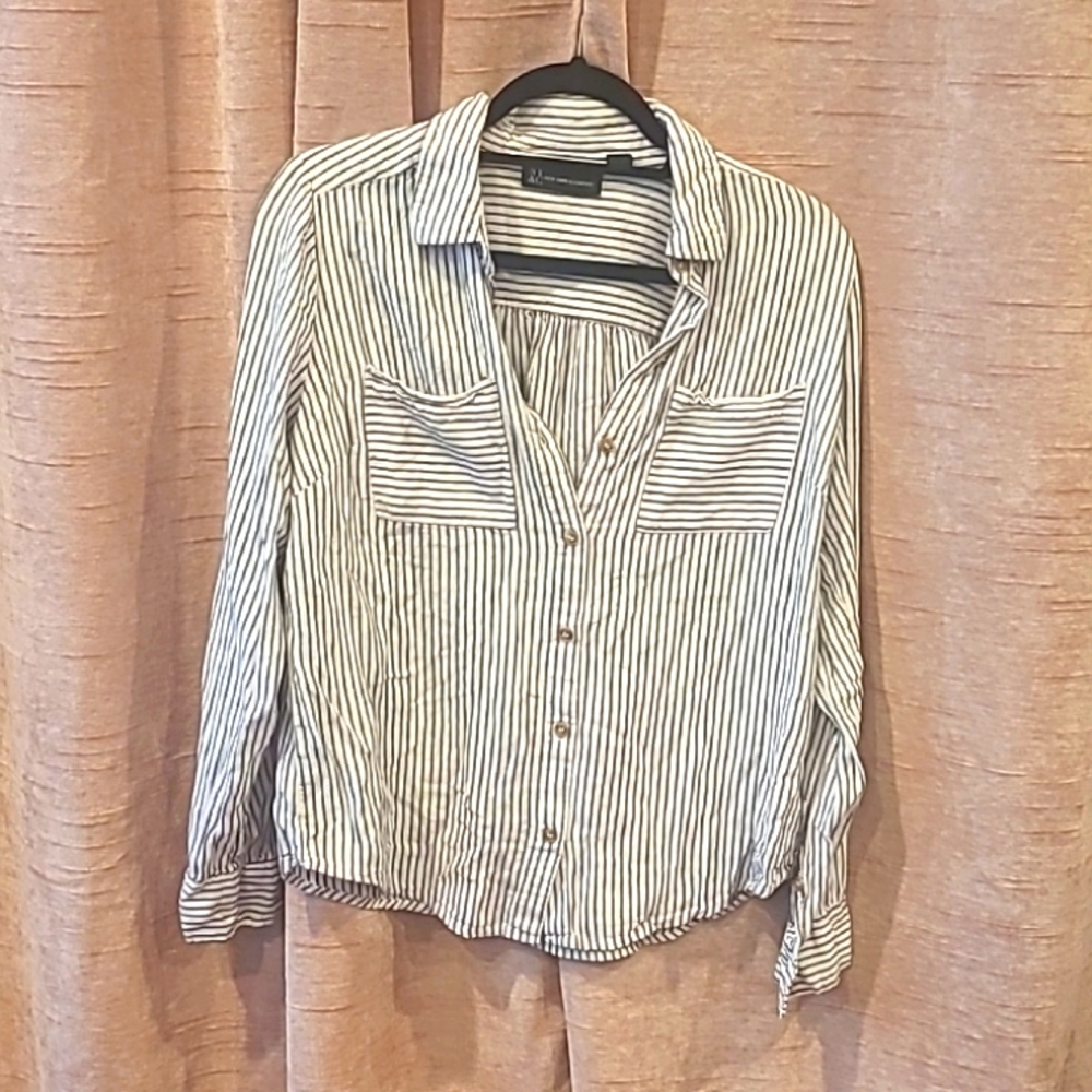 NY&C long sleeve linen white w/ gray stripes szM
